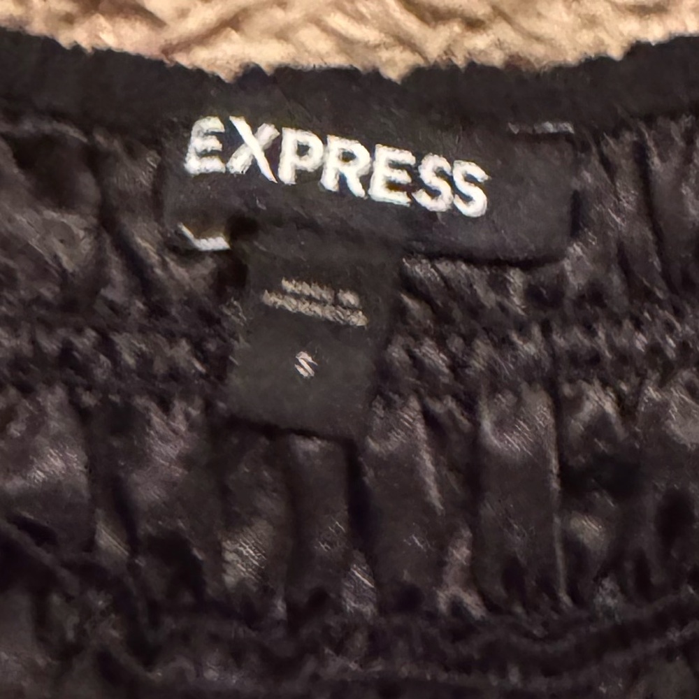 Express Sz Small Black Off or On Chifon Shoulder Mini Dress w/ rouching, ruffles - Picture 2 of 10